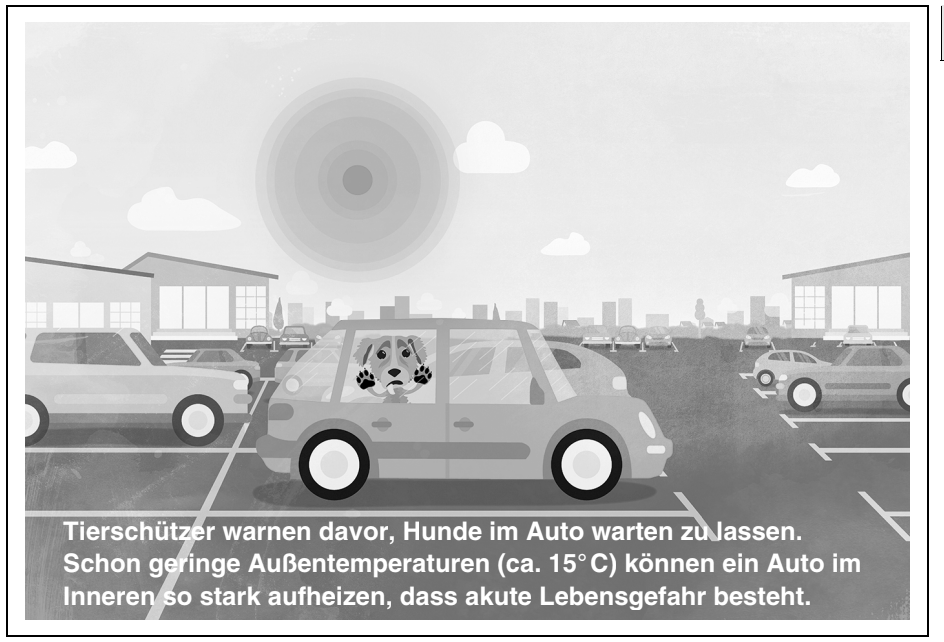 Hund im Auto in der Sonne auf einem Parkplatz, Warnung vor Hitze